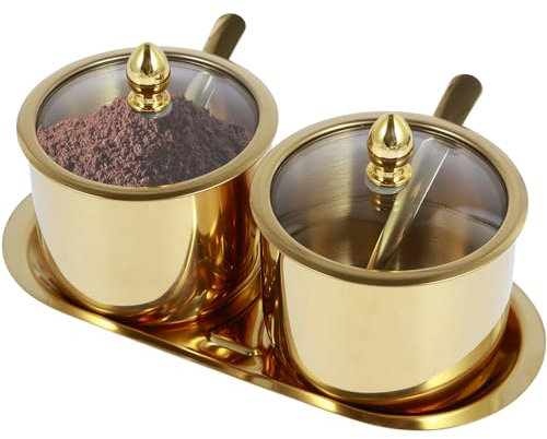 XINRUI Sugar Container Condiment Container Set with Glass Lid and Spoon, 10oz Capacity, Dual Spice Jars with Tray for Salt, Sugar, Coffee Bar Station Accessories and Kitchen Storage(Gold)