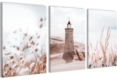 Novart Bilder Set Strand Boho Meer - Kein Extra Rahmen benötigt - Wandbilder für Wohnzimmer Schlafzimmer Flur - 3 Teilig Deko Beige - N034936a