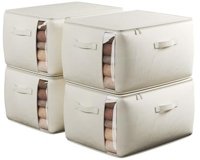 TomVista Grandi borse portaoggetti in tela con manici spessi e finestra trasparente, pieghevoli, in cotone e lino, organizer per vestiti, coperte e biancheria da letto, 60 l, confezione da 4, beige