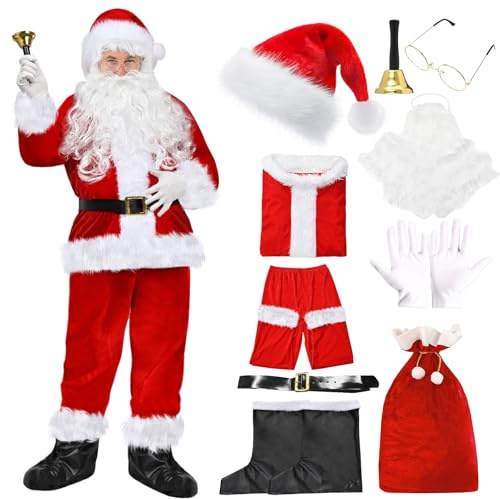 Costume de Père Noël pour adulte, ensemble de costume de Père Noël, costume de Père Noël pour homme avec chapeau, barbe, lunettes, gants, ceinture, déguisement fantaisiste de Noël pour la fête de Noël