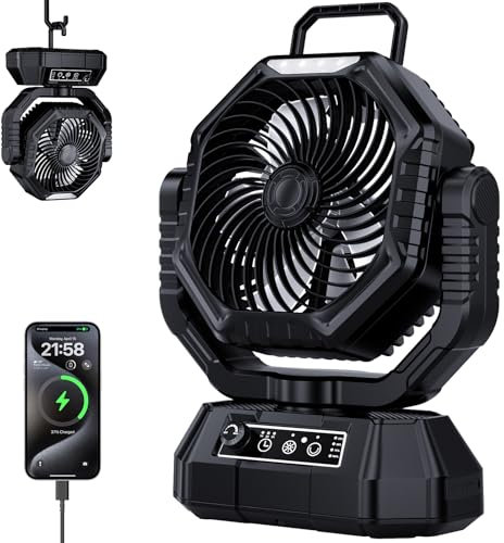 AJVV Camping Ventilator mit akku 20000mAh, Akku Ventilator mit Fernbedienung/LED Licht/270° Drehung, Tischventilator mit Haken/Powerbank/Stufenlose Geschwindigkeit, für Outdoor Reisen Angeln-Schwarz