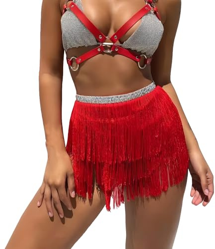 MUNAFIE Gonna a frange con glitter e paillettes, gonna per danza del ventre, foulard per fianchi, costume per festival, gonne da ballo per donne, Rosso 1, Taglia unica