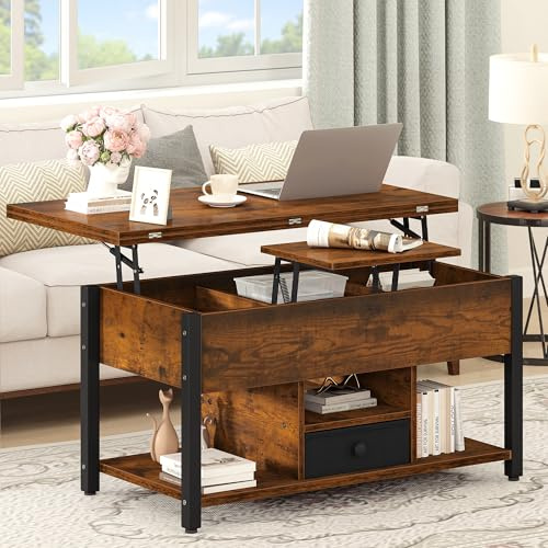 DWVO Couchtisch mit Hebeplatte, kann in Esstisch umgewandelt Werden, mit Schubladen und verstecktem Stauraum, multifunktionaler Couchtisch, Wohnzimmer, rustikales Braun, 90 x 47,8 x 47,5–61,7 cm