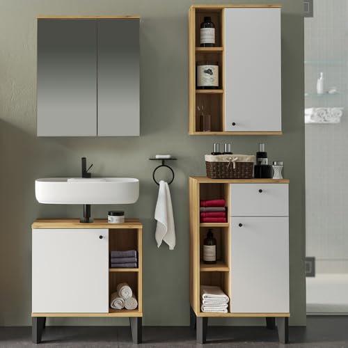 Lomadox Badmöbel-Set 4-teilig mit Waschbeckenunterschrank 60 cm, Spiegelschrank, in Eiche und weiß, modern