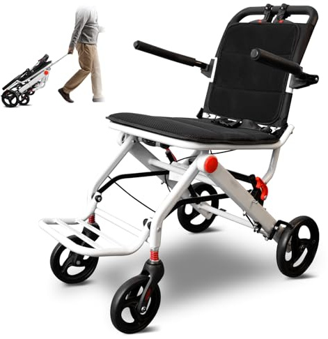 Wheelchairs for Adults, Foldable Wheelchair Lightweight Aluminum Frame with Handbrakes & Telescopic Handle, Portable Travel Chair for Seniors, No Installation, White