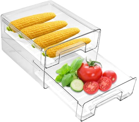 Zuxbolf Organizer per Frigorifero con Cassetto Trasparente,Contenitori per Frigorifero a Doppio Strato,Cassetti Frigo Scorrevoli e Impilabili per Cucina Familiare,Ristorante