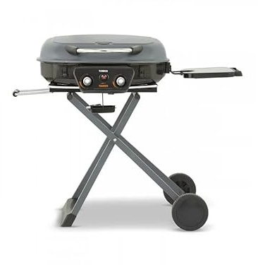 Garden Store Direct Tourer Barbecue Portable Gas Grill 2 Burner Porcelain enamel coated steel wire grill for easy cleaning, High heat output, Foldable design with wheels Push Button Ignition