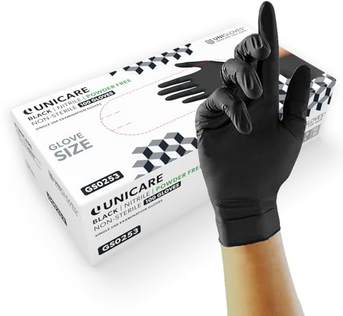 Unigloves Unicare Nitrile Examination Disposable Gloves - Multipurpose, Powder Free, Medical Gloves - Box of 100 Gloves, Black, Large (GS0254)