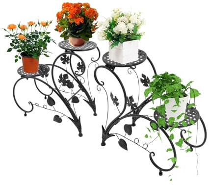 Hurrylying Pflanzenregal Gartenregal,Metall BlumenstäNder,2Er-Set Eisen PflanzenstäNder Vintage für Zimmerpflanzen Balkon Garten Wohnzimmer, Abnehmbar Bronze/Weiß/Schwarz (Schwarz)
