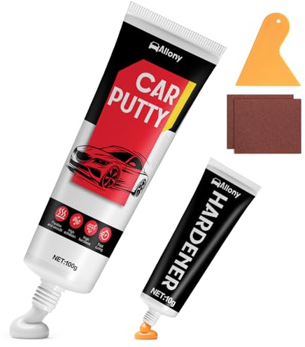 Allony Spachtelmasse Auto, Feinspachtel Kfz, Glasfaserspachtel, Härtet Ohne Rissbildung, Autospachtel mit Härter, Glättet Kratzer, Feinspachtel für Auto, Boot, Metall, GFK Reparaturen, 100g+10g