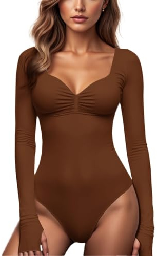 AOWVUTS Body Donna Manica Lunga Bodysuit Scollo a V Sexy Tinta Unita Elegante Body Aderente Top Tuta Basic T-Shirt Casuale Elasticizzato Jumpsuits Camicie Bluse Maglietta Intima