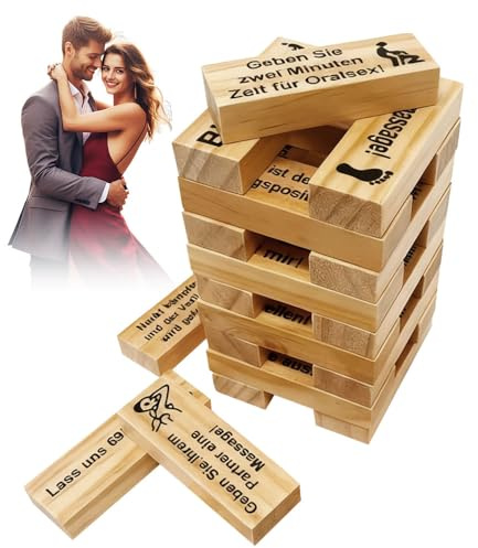 DAJASD Deutsch Stapelspiel aus Holzblöcken für Paare, 48 Stück Block Tower Spiel, Lust Tower Blocks mit Wahrheit oder Pflicht Fragen und Herausforderungen, Paar Spiele für Paare