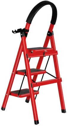 Scaletta Gradini Alluminio – Scala Pieghevole Compatta e Leggera, Gradini Larghi Antiscivolo, Sicura e Stabile con Piedini in Gomma –104 x 57 x 41,5 cm - 3 marce (rosso)（D）