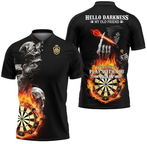 Chemises Polo imprimées en 3D pour Hommes avec Motif Flamme et Squelette Plateau de fléchettes Club de fléchettes vêtements de Sport col à Boutons Hauts à Enfiler