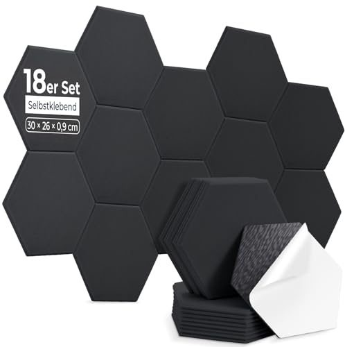 AUSLET 18 Stück Hexagon Akustikplatten Selbstklebend, 30 x 26 x 0,9 cm Hohe Dichte Akustikpaneele, Schallschutzplatten für Studio, Büro, Akustische Behandlung und Gaming deko, Schwarz