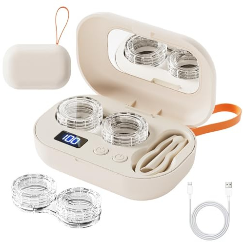 Rechargeable Ultrasonic Contact Lens Cleaner, Ultraschall Kontaktlinsenreiniger mit Kosmetikspiegel & 2 Modi, 18.000 Mal/Minute 360° Ultraschallreinigungsgerät für weiche & harte Kontaktlinsen