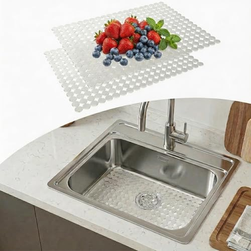 Etevalon Sink Protector Mat, 2 Pack PVC Sink Mat Protector for Stainless Steel/Ceramic Sink, 11.8x15.7in Cuttable Kitchen Sink Protector with Quick Draining Design (Transparent)