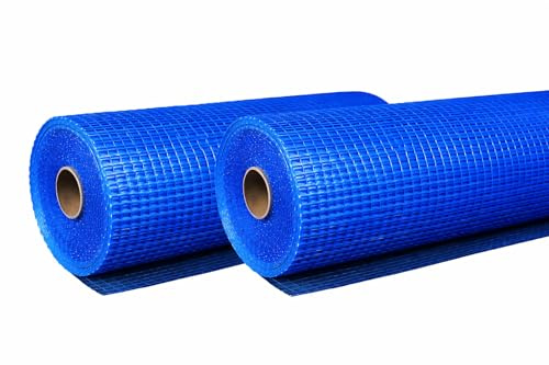 Ferretelix Lot de 2 filets en fibre de verre pour plâtre et mortier Bleu Rouleau 1 m x 50 m Lumière 10 x 10 mm Renfort pour construction
