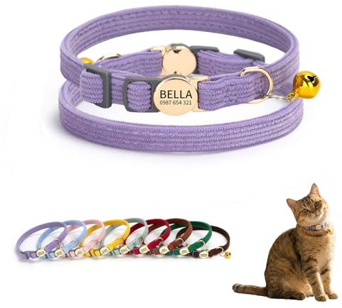 Collare personalizzabile per gatti con nome e numero di telefono, collare regolabile in velluto a cordino con chiusura rapida, campanellino e fibbia di sicurezza per gatti o cani di piccola taglia, 20