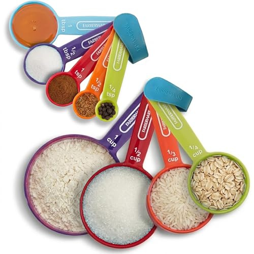 Farberware Kitchen Basics Measuring Cup & Spoon Set – 9-Piece Colorful Nesting Stackable Cups & Spoons with Ring Organizer, Easy-Read Markings for Cooking & Baking, Durable Plastic Kitchen Tools