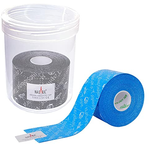 Nasara Original Kinesiologisches Physio Sport Tape: Sparset mit 2 Tapes in türkis und schwarz in Profi Rollenbox mit Schraubdeckel für Sport und Medizin, Rollengröße 5cm x 5m