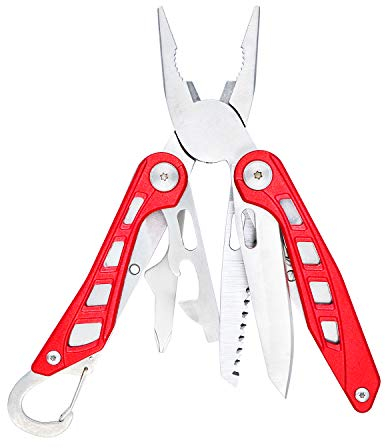 Amazon Basics Coltello multiuso 8 in 1 in acciaio inossidabile con blocco di sicurezza e custodia in nylon, Rosso
