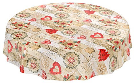 ANRO Tischdecke Weihnachtstischdecke abwaschbar Wachstischdecke Christmas Rot Beige Rund 140cm