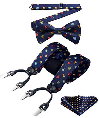 HISDERN Hosenträger Herren Weihnachten Extra Stark Breit 3,5cm mit Metall Clips Y Form Einstellbar und Elastisch Fliege und Hosenträger Set für Männer