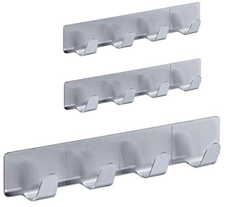 Relaxdays Hakenleiste selbstklebend, 3er Set, je 4 Handtuchhaken, Edelstahl, Bad & Küche, 16 cm, Schlüsselhaken, silber