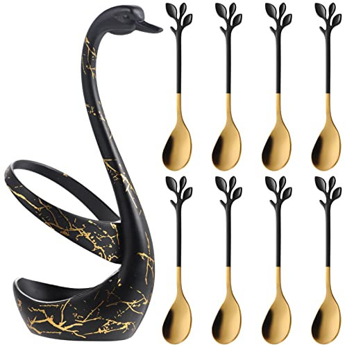 AnSaw Small Dessert Spoon Holder Set,Black Swan Base With 8 Pcs Black & Gold Demitasse Espresso Spoons Set,4.7 Mini Leaf Coffee Spoon,Stainless Steel Tea Spoons