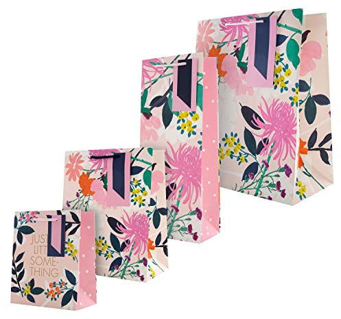 Hallmark Multi Occasion Gift and Bottle Bags Bundle - 1 Large, 1 Medium and 1 Small Gift Bag, and 1 Bottle Bag in 4 Floral Designs