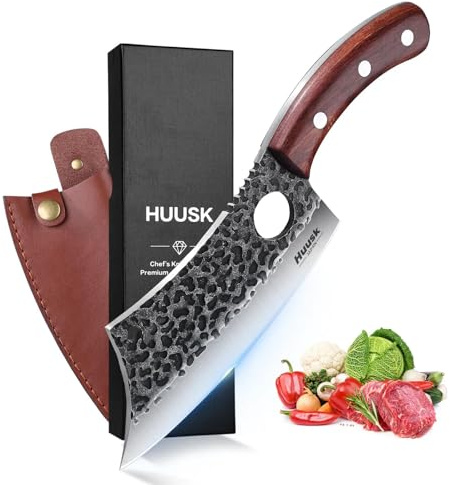Huusk Meat Cleaver Knife, Hand Forged Butcher Knife for Meat Cutting, Full Tang Viking Knives with Sheath, Japanese Chef Knives for Outdoor Cooking, Camping, BBQ, Christmas Gift for Man and Women