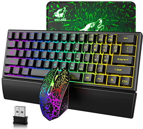 Set tastiera e mouse da gioco wireless compatti al 60% con poggiapolsi, tastiera RGB ricaricabile di tipo C da 3800 mAh Sensazione meccanica Mouse luminoso retroilluminato per PC portatile -Nero