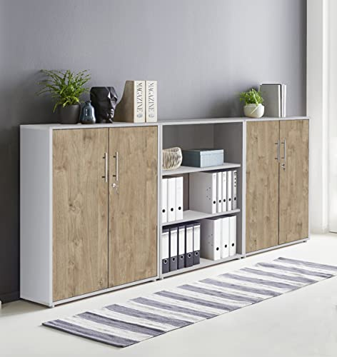 Schrankwand TABOR 9 Büroregal Aktenschrank Büroschrank abschließbar in diversen Farbvarianten (lichtgrau/Gold Harbor Oak, 4-türig)