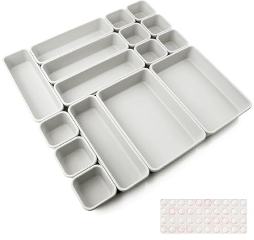 Schubladen Einlagen 16 Stk Trennsystem Gewürz Organizer Schublade Trenner Bad Organizer Boxen Set mit Silikon-Anti-Rutsch-Kugel Hemnes Kommode Küche Schreibtisch Utensilien(Hellgrau)