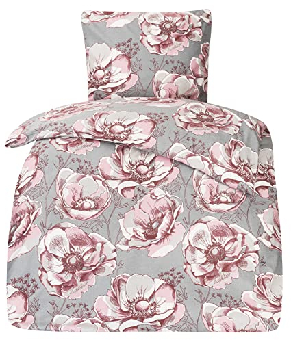 Moon Bettwäsche Set Fein Biber, Flanellbettwäsche ca. 135x200 + 80x80 cm mit Reißverschluss - Blume Rot-Grau