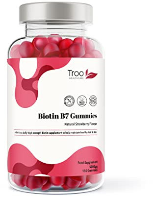 Troo Health Care Biotin 5000mcg Hair, Skin and Nail Growth Support Gummy Supplement - 150 Natural Strawberry Flavour Chewable Gummies - 5 Months Supply – Vegan Friendly – for Men and Women