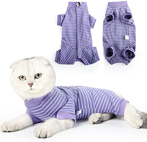 HEYWEAN Kattåterhämtningsdräkt kattväst bodysuit efter kirurgi ränder långärmad katt onesies för katter kattunge medicinsk vård kon krage alternativ husdjur kirurgisk skjorta kattkläder pyjamasdräkt
