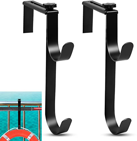 2Pcs Adjustable Pool Pole Hanger, Double Pool Hooks for Poles, Mental Pool Fence Hooks for Hanging Pool Equipment Hooks, Pool Pole Hooks for Pool Skimmer Pole Pool Hose, Wall Pool Tool Holder (Black)