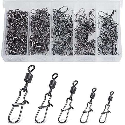 Realure 100 Pcs Rolling Fishing Swivels and Clips, Duo Lock Snaps Swivels for Carp Fishing Accessories Swivels 4# 6# 8# 10# 12# Barrel Fishing Connector Swivel for Sea Fishing Line Hooks Swivels