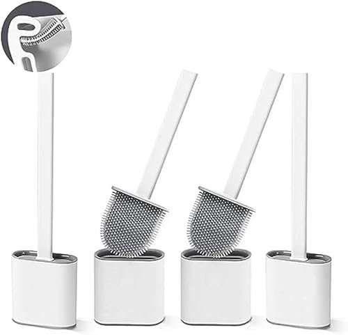 Revolutionary 4 pack White Deep Clean Silicone Toilet Brush & Quick Dry Anti-drip Holder, Flexible No scratch Bathroom Brushes