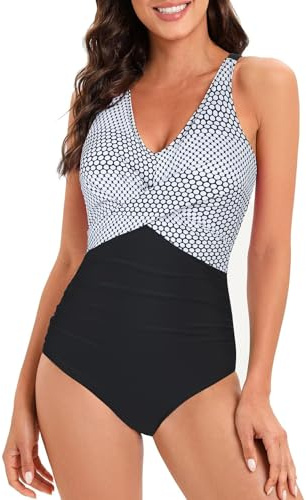 Century Star Badeanzug Damen Bauchweg Damen Große Größe Badeanzug Push Up Badeanzüge mit Bügel Badeanzüge für Frauen Weißer Punkt 40-42