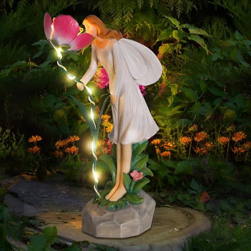 Ovewios Fairy Garden Statue Outdoor Decor, Solar Powered Garden Sculptures Fairy Resin Statues Waterproof Pink Flower Solar LED Lights Yard Art Decorations for Outside Patio Lawn Decor