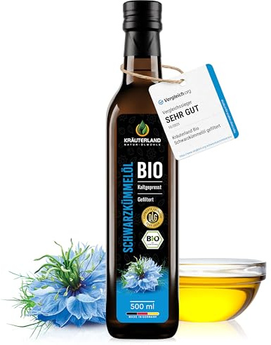 Kräuterland Bio Schwarzkümmelöl kaltgepresst gefiltert 500ml glasflasche | 100% Nigella Sativa, hoher Thymochinongehalt, ohne Konservierungsstoffe & Aromen, nativ, vegan, mühlenfrisch & unraffiniert