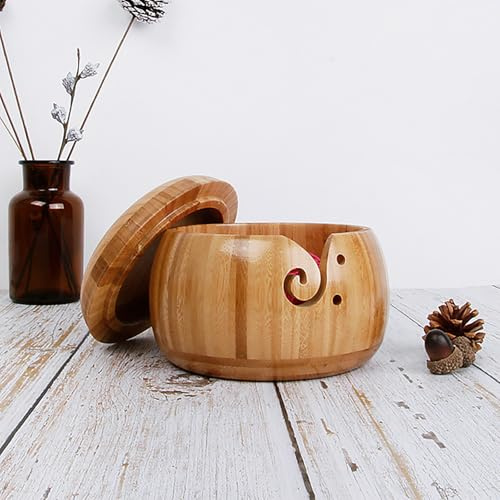 xixibuy Strickschale Für Hausfrauen, Yarn bowl, Garnschüssel, Wollhalter, Wollschale garnschale für Strick- und Häkelprojekte, Garnschale für wolle(mit Deckel)(Bambus)(15 * 9,5cm)