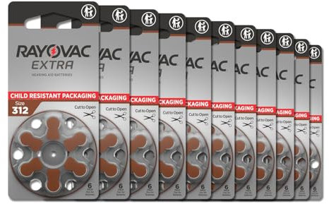 Rayovac Extra Hearing Aid Accessories Batteries Size 312, Long-lasting Mercury-free Zinc-air Hearing Aid Batteries - 1.45v (60 Batteries)