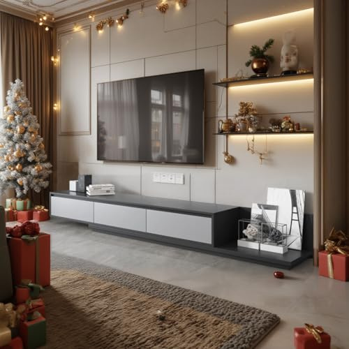 OLEYLUCKLIVE TV-Schrank Entertainment Center Möbel - 3-Schubladen Ausziehbares TV-Lowboard von 200 cm bis 305 cm Erweiterbar, Aufbewahrungsschränke Medientisch für Wohnzimmer, Grau (grau)