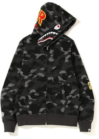 FDTURES 24ss Couple Trendy Hip-Hop Top BAP Youth Casual Camouflage Squalo Ricamo Felpa Sciolta con Cappuccio-color2||S