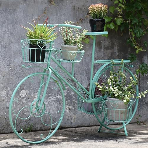 Blumenständer Metall, Fahrrad Form Blumenständer, Blumentopf Ständer mit 4 Körben Pflanzenständer Garten Balkon im Freien Drinnen,Grün