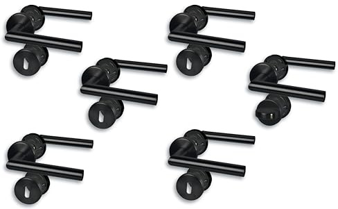 Alpertec Rosette Fittings, Door Fittings, Set of 6, Stainless Steel, Black, for 5 Room Doors with Deadlock Holes and 1 Bathroom Toilet Door, Cliprosette, Diameter 52 mm, Door Handle, Door Handle